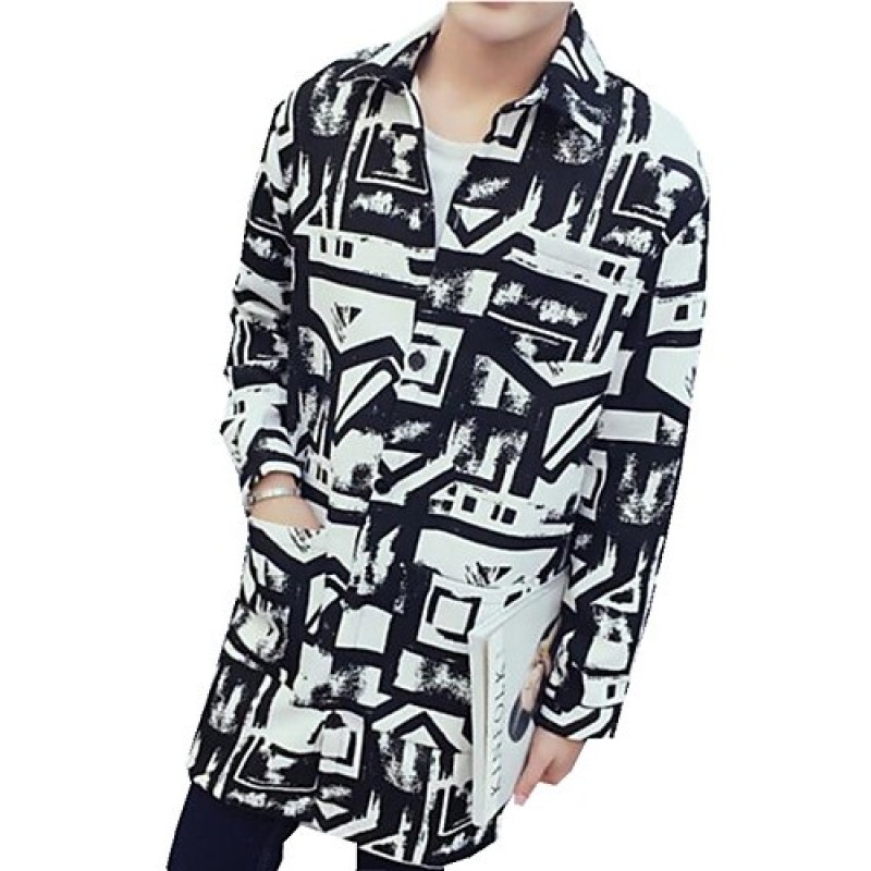 Men's Lapel Print Casual Trench Coat